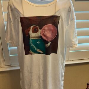 White T-Shirt with Dog and Bubblegum Print Handmade large